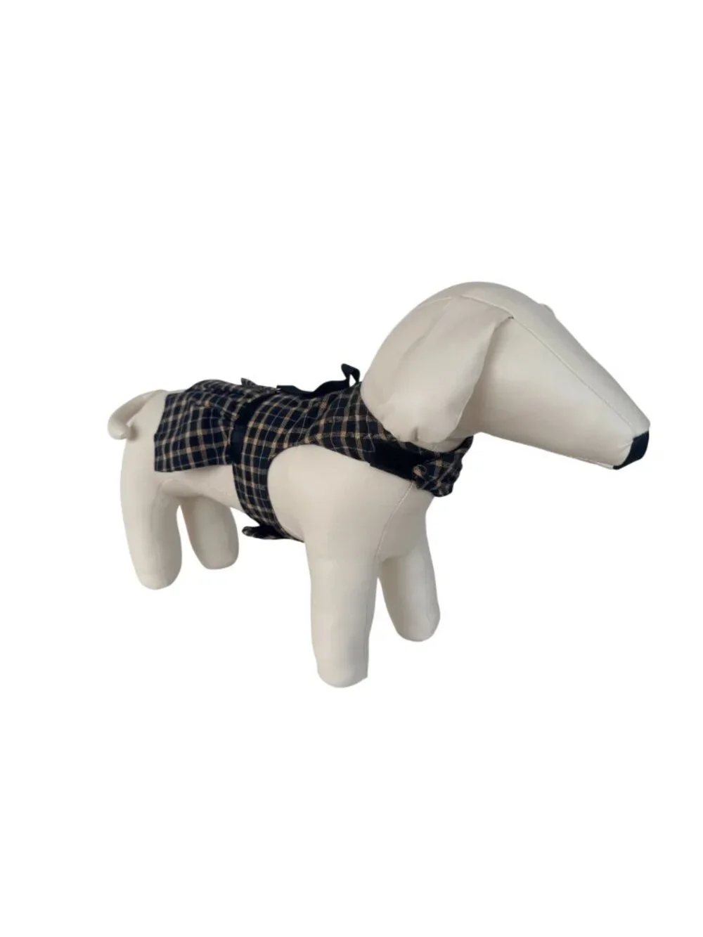 Handmade Small Dog Adjustable Dress Outfit w Harness Plaid Beige & Black